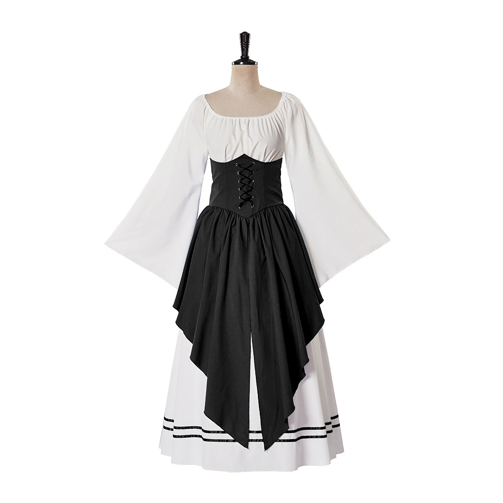 Европейское и американское средневековое ретро-контрастное сшивание с летающими рукавами шнуровки, талия, большая юбка, платье эпохи Возрождения Женское