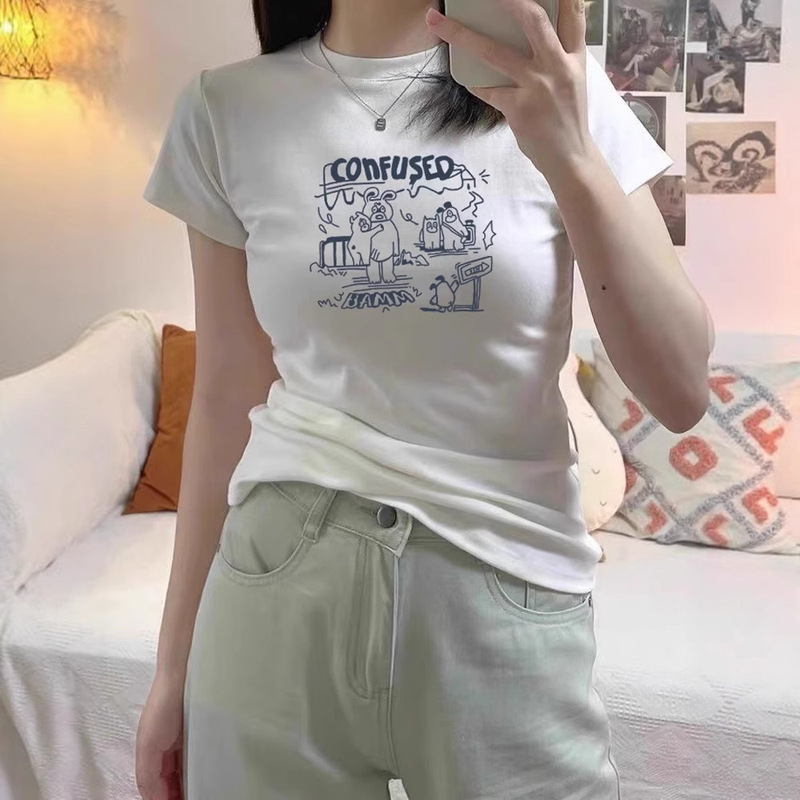 Right Shoulder Round Neck Summer New Cartoon Cute Print Design Short-Sleeved T-Shirt Casual Outer Wear Versatile Women's Top