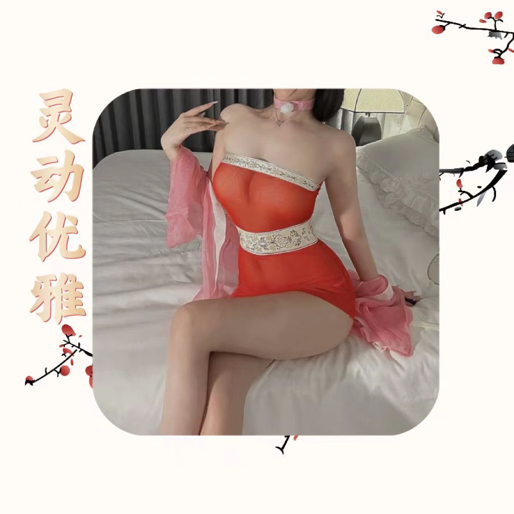 Sexy Lingerie Costume Set with Mesh Fabric, Red Stockings and White Ears — detail image 6