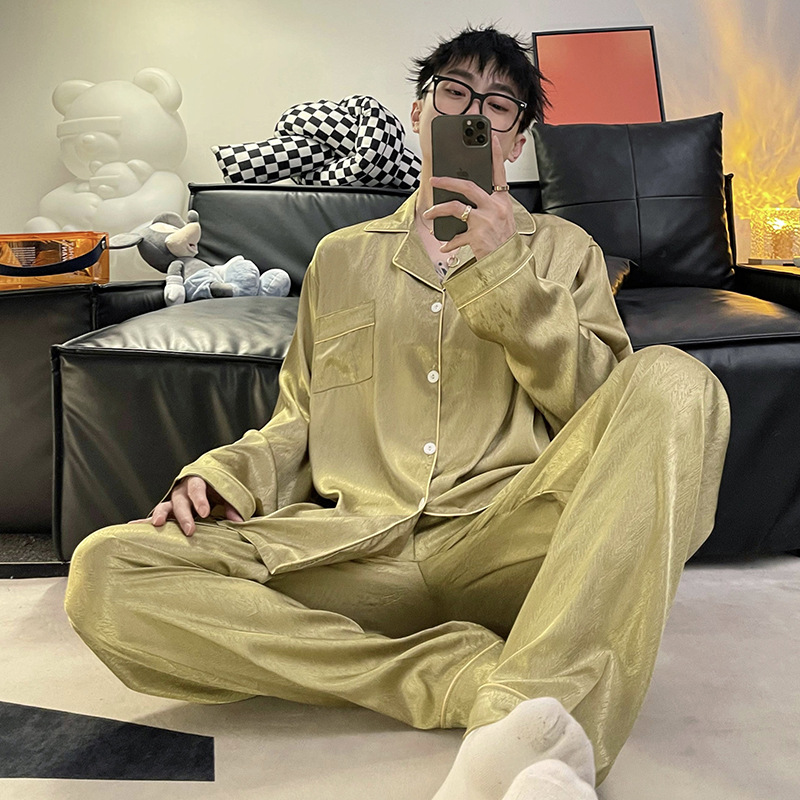 Pijamas de hombre primavera y otoño pantalones de manga larga de seda de hielo 2023 Nueva talla grande más tamaño ropa de hogar de seda real verano e invierno