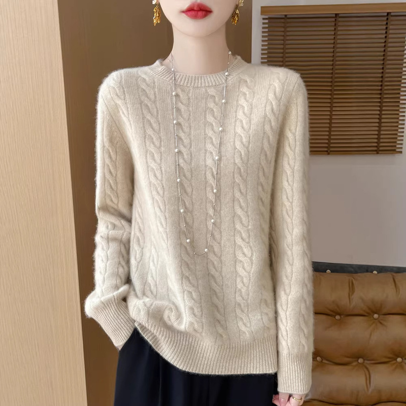 2025 Warm Knitwear Women's Pure Color New Autumn and Winter Thickeneded Seven-Needle Pure Wool Long-Sleeved Cable Round Neck Knitwear