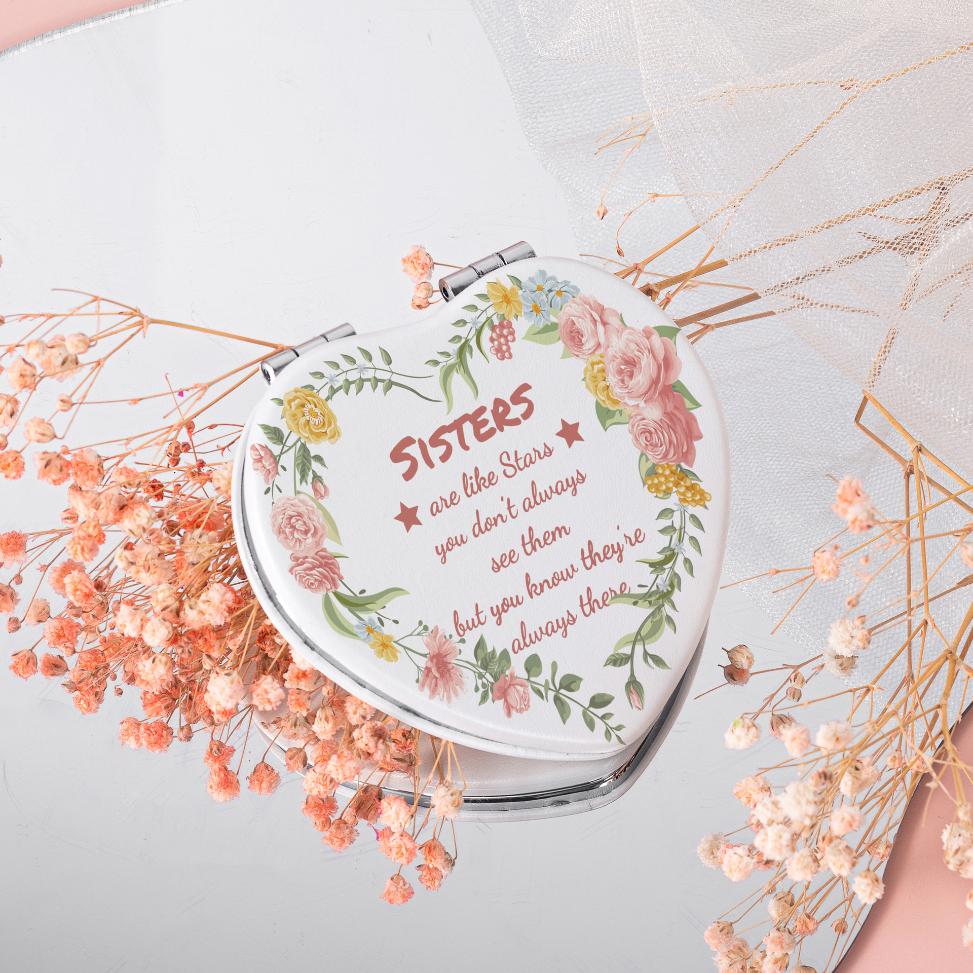 Espejo portátil con funda de PU en forma de corazón, estilo ins