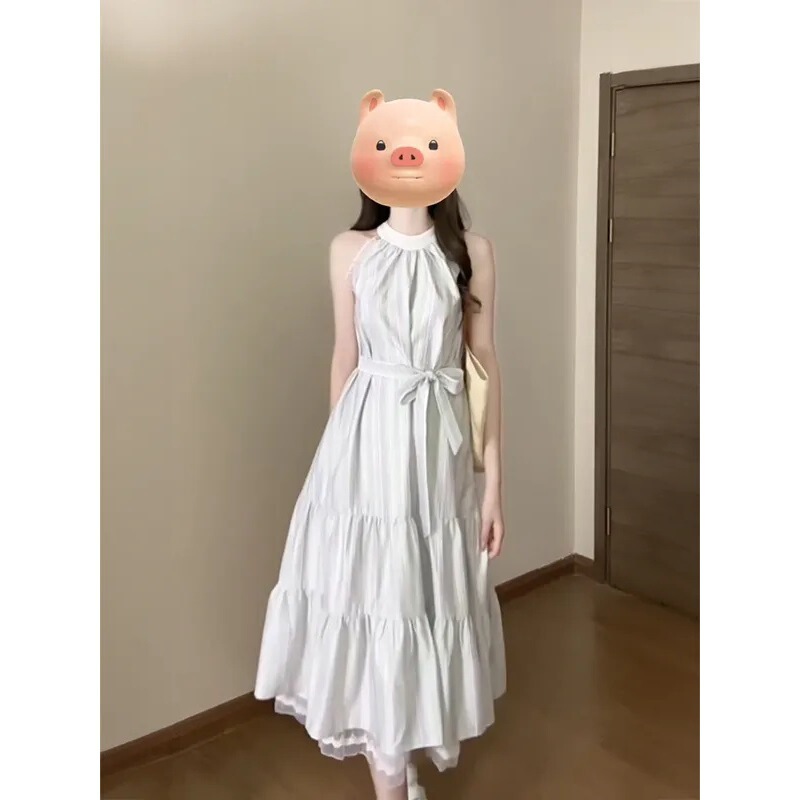 Forest-Style Sweet Lace-Up Halterneck Plaid Dress for Women, Loose Fit, Slimming, Round Neck, Sleeveless, Over-The-Knee A-Line Long Dress