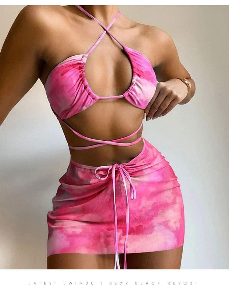 tie-dye lace-up with skirt three-piece swimwear set multicolors NSLRS128568