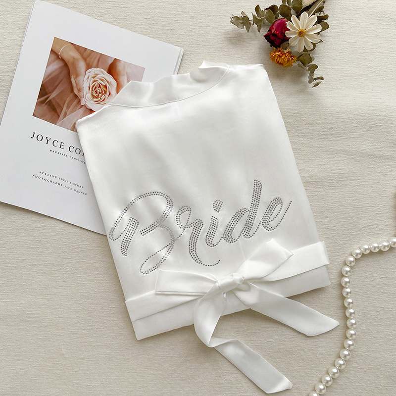 Cross-border Hot Rhinestone Morning Robe Bride Bridesmaid Group Ice Silk Hot Stamping Wedding High-end Pajamas Nightgown Women's Long Summer