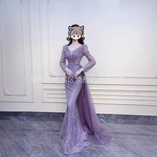 高端奢华修身V显瘦长袖晚礼服重工绣珠主持艺考走秀演出敬酒服-阿里巴巴