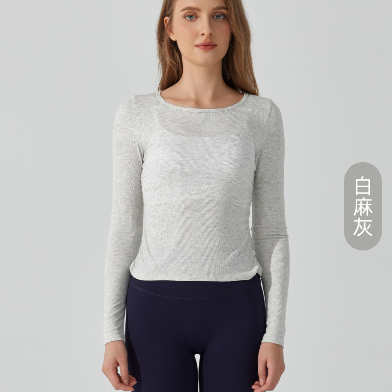 Otoño y invierno desnudos de yoga plegado piel delgada cuello redondo chaqueta deportiva casual camiseta de mangas largas de mujeres fitness
