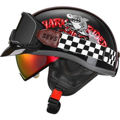 Helmet Leather Helmet for Men and, Motosiklet kaskı (dəbilqə) - bright-black-shark-bully-aurora-red-mirrormig-large-frame-goggles-m