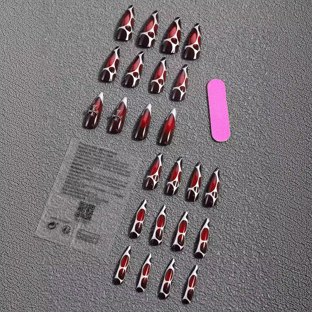 Transfronterizos largos desgaste de uñas oscuras cruz de corazón plata líneas manicuras parches de uñas falsas productos terminados al por mayor