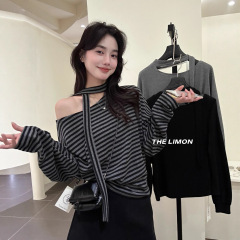 the limon柠檬绿茶2025秋季设计感飘带条纹百搭显瘦打底长袖T恤女