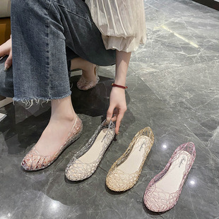 2025 New Baotou Crystal Hollow Flat Jelly Dance Shoes for Outer Wear Summer Soft Sole Breathable Beach Clogs
