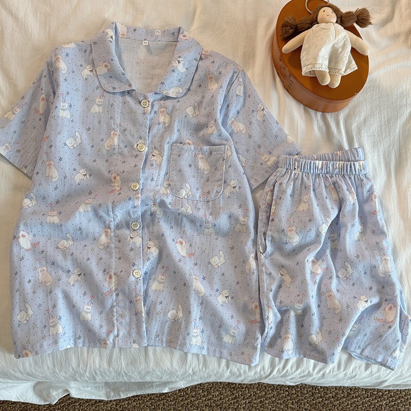 Class a All-Cotton Spring and Summer Double-Layer Cotton Gauze Pajamas for Women, Star Cat Design, Short-Sleeve Long Pants, Student Pure Cotton Loungewear