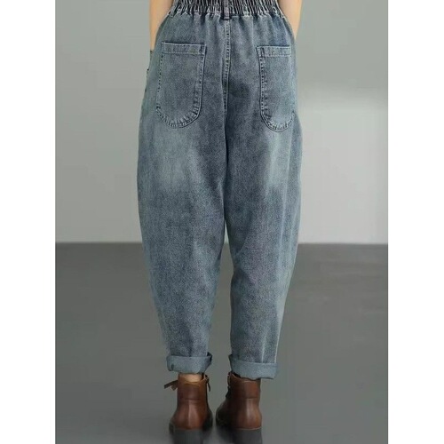Women's Spring and Autumn New Denim Jeans with Large Pockets, Casual Fat Sister Plus Size Loose Matchy-Halter Pants, Long Pants Trendy