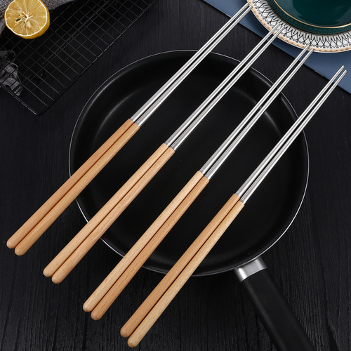 304 stainless steel chopsticks 40cm extended chopsticks beech wood handle anti-scalding fried chopsticks male chopsticks wooden chopsticks hot pot chopsticks