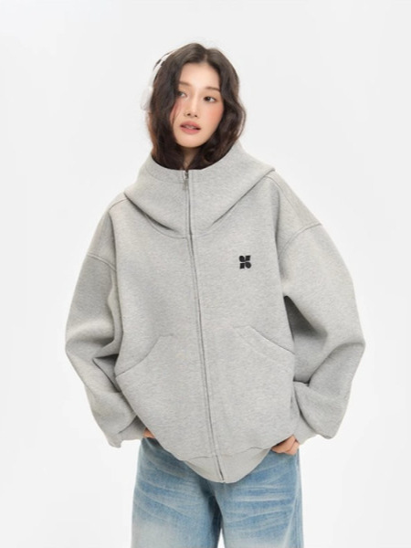 美式复古拉链开衫连帽卫衣女春秋宽松设计简约学院风休闲百搭外套|undefined