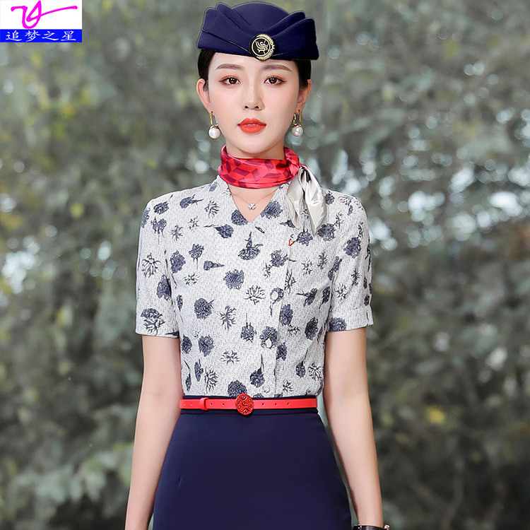 Blue and White Porcelain Donghang School Spring Printed Shirt Stewardess Uniform Business Attire Long and Short Sleeve Shirt Women's Work Clothes