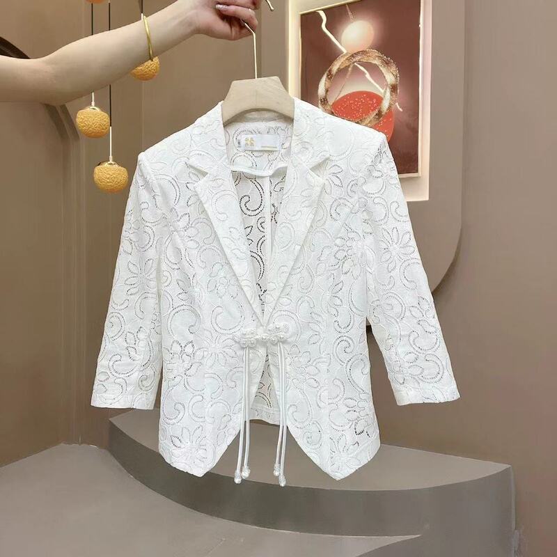 Suit Short Jacket Women's Spring and Autumn 2024 New Chinese Internet Celebrity Hot Style Temperament Lace Shirt Hollow Sunscreen Suit Top