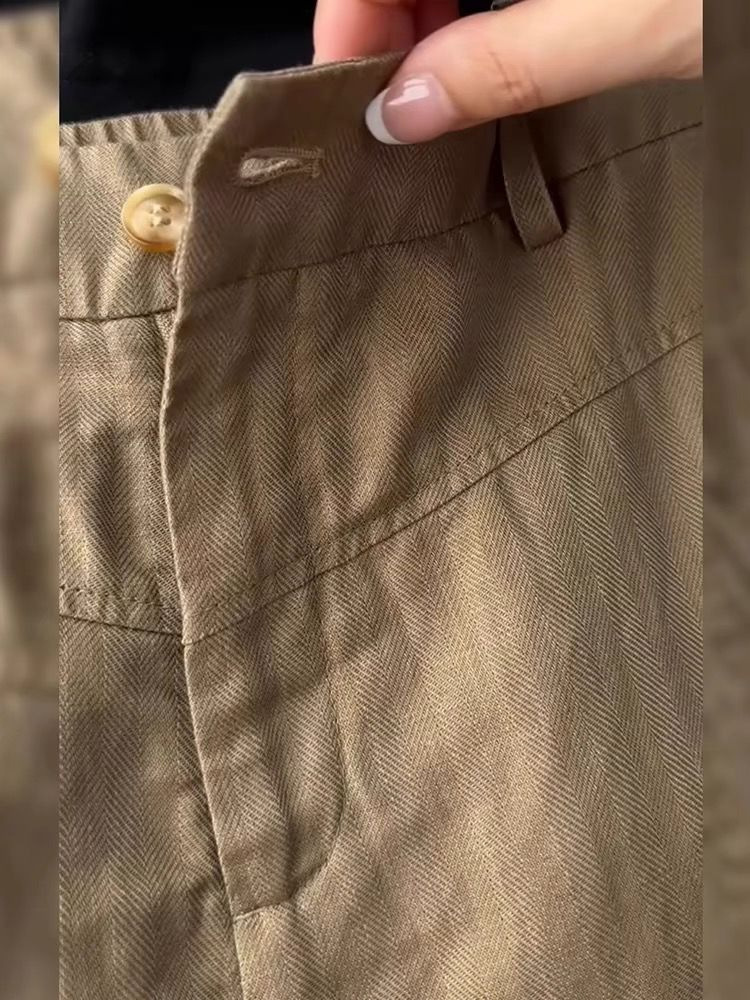 今年人気の女性用レイジースタイルハイウエストワイドレッグパンツ夏ブラウンテンセルリネンゆったり快適カジュアルパンツ