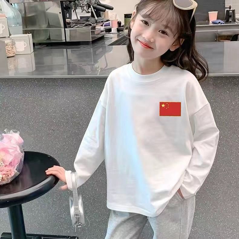 新款中国风儿童秋季中国时尚白色圆领长袖学生T桖纯棉男女童上衣|undefined