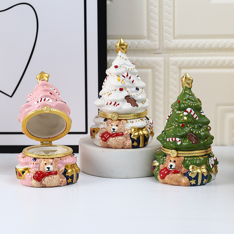 クリスマスツリーベアセラミックオーナメントミニデスクトップ収納ボックスホリデーデコレーションギフトクラフトジュエリー収納ボックス|undefined