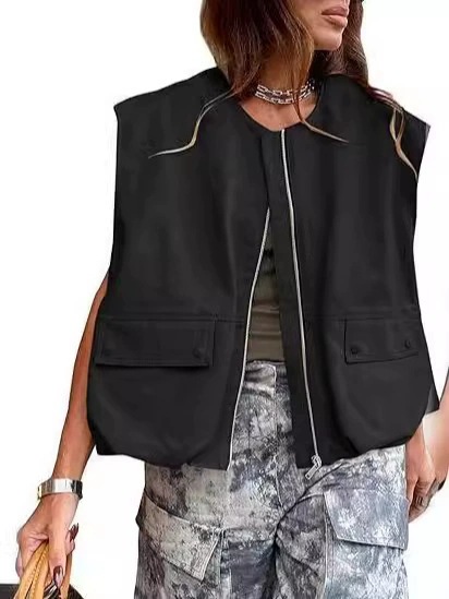 Amazon transfronterizo 2025 Europa y los Estados Unidos nueva moda sin mangas bolsillo versión suelta chaleco de cremallera de color sólido chaqueta de mujer image 5
