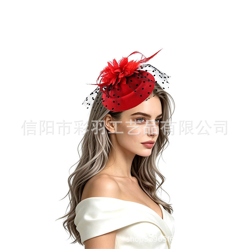 Vintage Elegant Veil Top Hat Bridal Wedding Feather Hair Accessory Black Polka Dot Mesh Tea Party Hat Manufacturer Wholesale