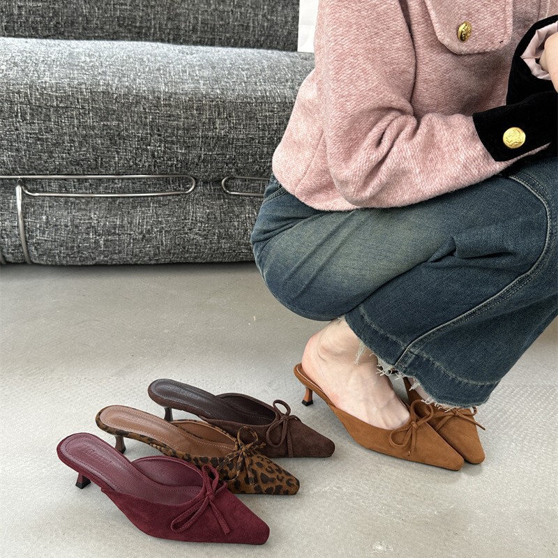 2025 Summer New Bowknot Mid-Heel Mules Closed-Toe Half Slippers Women's Large Size High-Heel Sandals Slippers