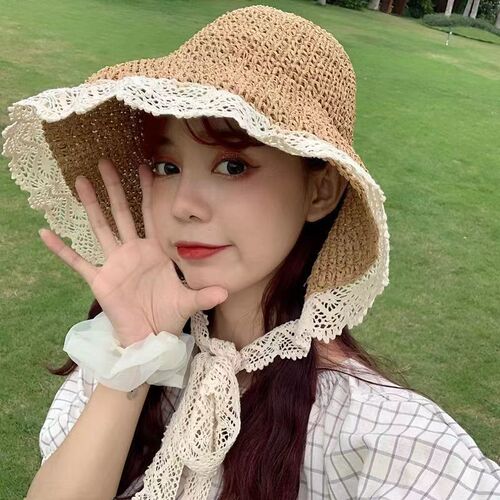 French lace floral edge Korean style Instagram Lolita sunshade sun hat for women summer petite fresh sweet cute ribbon hat
