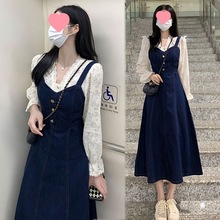 春秋装年新款感小香风打底蕾丝牛仔吊带连衣裙套装裙女装