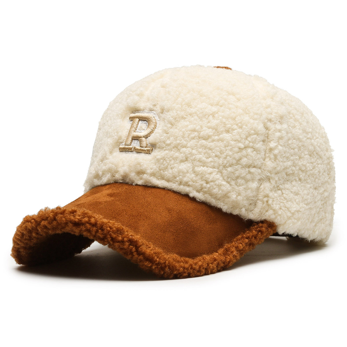 Sombrero de lana de cordero en línea celebridad letra R terciopelo de peluche gorra de béisbol caliente moda todo partido cara de aspecto pequeña gorra de pico