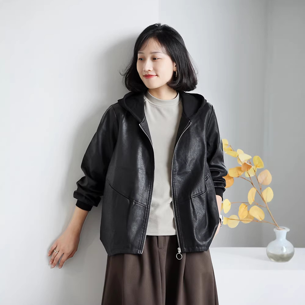 Hooded Jacket Women's PU leather casual all-match loose slimming Korean autumn long-sleeved leather baseball uniform women