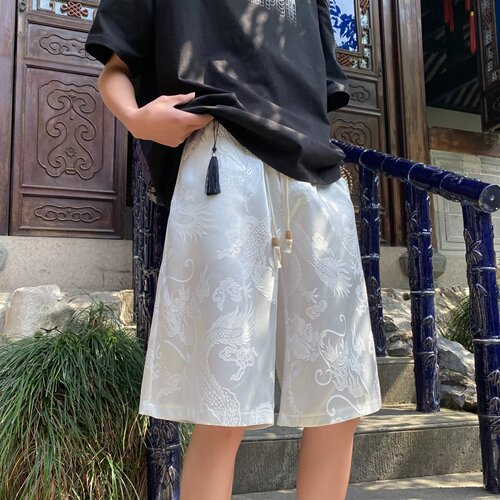 Summer ice silk shorts, men's China style, dragon pattern, jacquard sports quarter pants, loose outer wear, thin casual beach pants