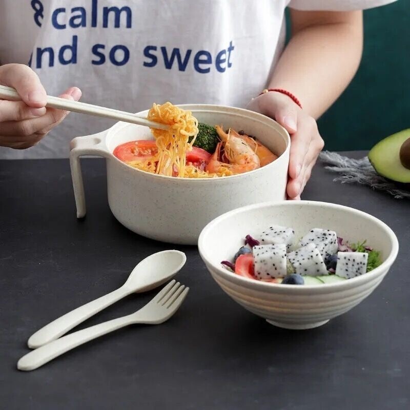 Straw Rice Noodle Bowl, Cheap Student Dormitory Instant Noodle Bowl with Lid, Wheat Bowl, Chopsticks Two-Piece Set, Turkey Noodle Bowl