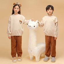 清仓女童儿童法兰绒卡其色睡衣女孩加厚珊瑚保暖家居服冬季套装