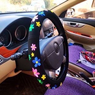 Four Seasons universal embroidered butterfly flower hemp contrast color car steering wheel cover car handle cover cross-border with Inner ring