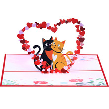 跨境可爱猫咪立体贺卡手工3d镂空纸雕礼物爱心小猫手写祝福卡片