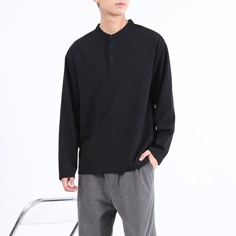 Camiseta de manga larga con cuello woffge Henry para hombre, marca de moda, medio botón suelto, camisa de fondo casual de alta gama de otoño para hombre