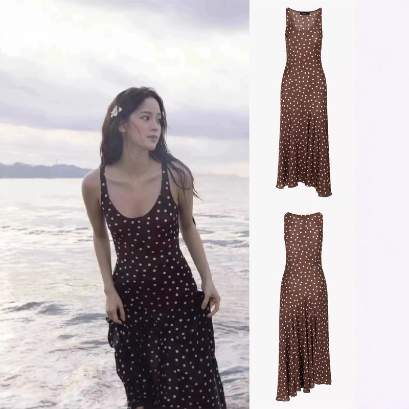 Nanyou Ouyang Nana's Same Style Silk Polka Dot Dress Women's Design Niche Waist Slimming Long Skirt Summer