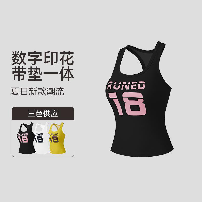 夏日新款潮流数字印花带垫一体运动背心高强度户外运动瑜伽健身服
