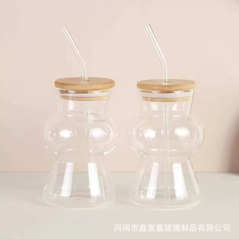 Linterna taza de paja de bambú cubierta de madera alta taza de vidrio de borosilicato taza de bebida de jugo taza de leche taza de rayas rojas de aire image 5