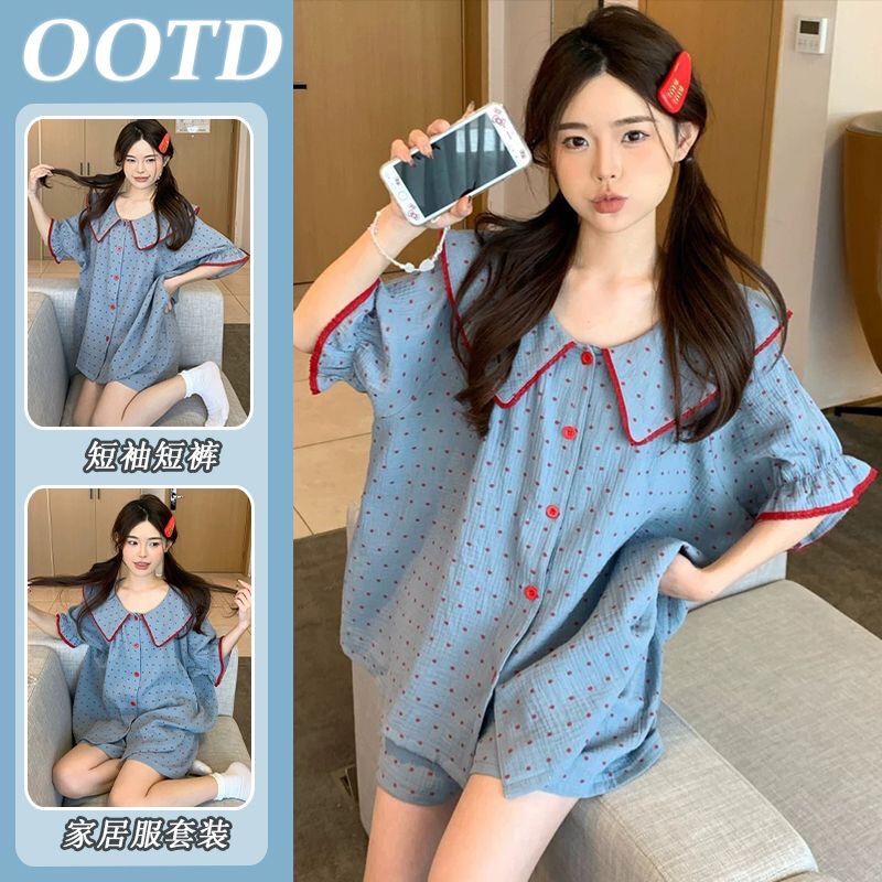 Summer New Short-Sleeved Pajamas Women's Suit Ins Polka Dot Doll Collar Printed Loose Version Thin Home Clothes 3057 Summer New Short-Sleeved Pajamas Women's Suit Ins Polka Dot Doll Collar Printed Loose Version Thin Home Clothes 3057
