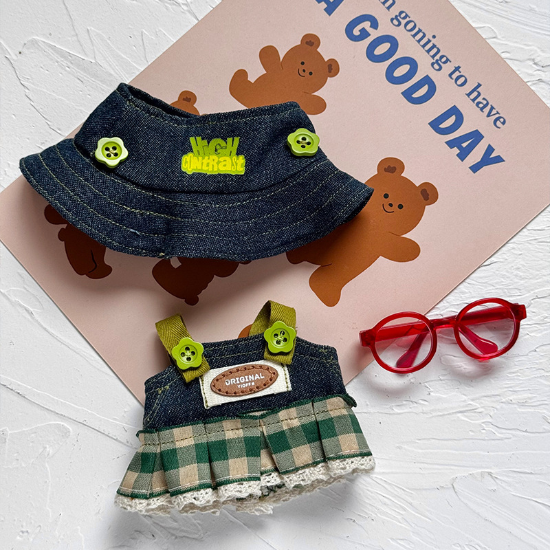 Only the Clothes] Labubu Doll Nyota Wears L046 Green Plaid Suit, Open-Top Sun Hat, and Denim Replacement Outfit