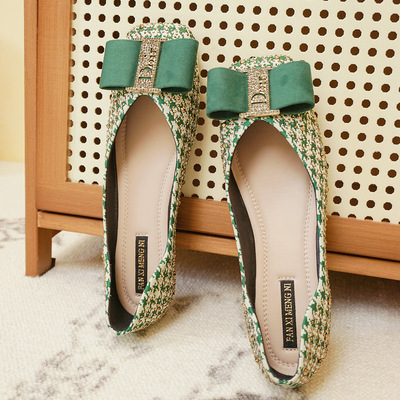 leisure time Square bow Single shoes Retro Simplicity Plaid Doug shoes Metal buckle Flat bottom Shallow mouth Single shoes On behalf of