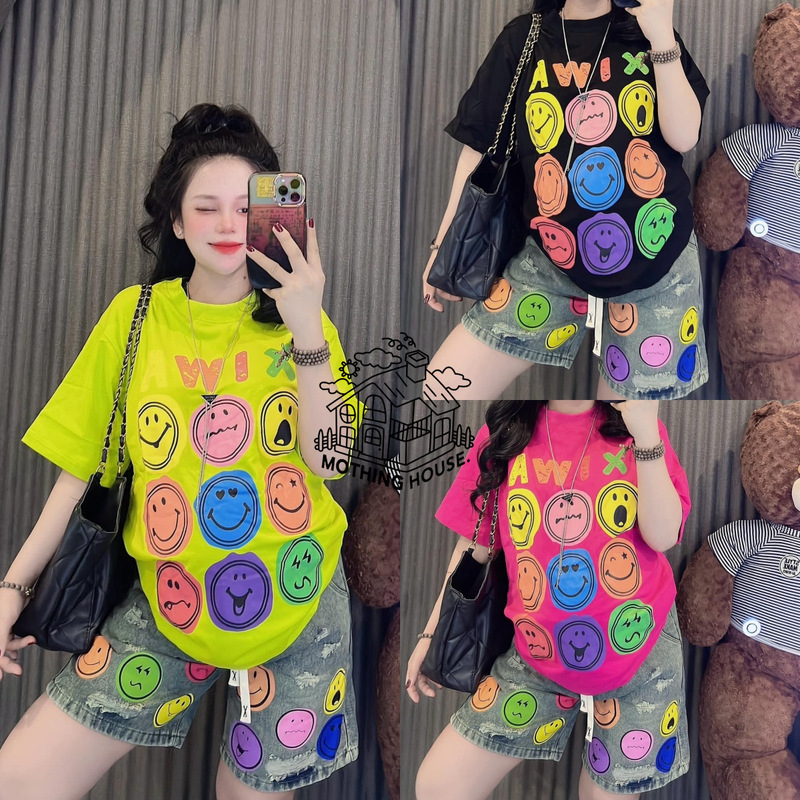 Southeast Asian Fashion Set for Women, Summer New Style, Smiley Face Short-Sleeve T-Shirt, Milk Silk Wide-Leg Pants, Casual Sports, Plus Size