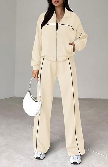 2025欧美亚马逊女装跨境外贸新款纯色长袖拉链上衣腰带直筒裤套装|undefined