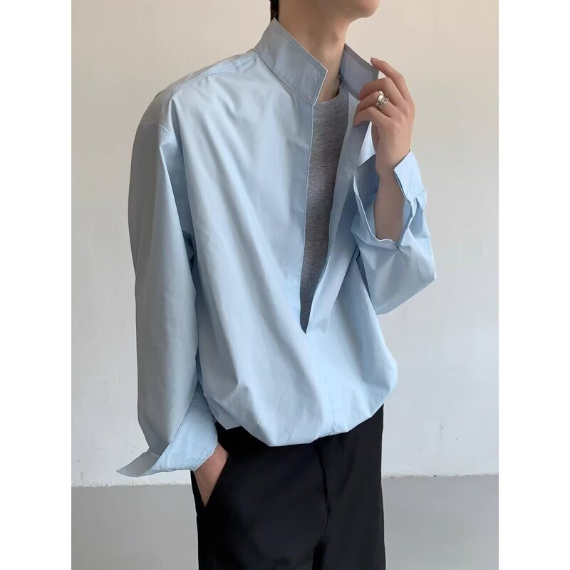 Spring and Autumn Design Fake Two-Piece Stand-Up Collar Long-Sleeved Shirt for Men Pure Color High-End Draped Pullover Shirt Top Niche