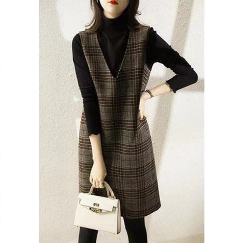 Long Vest Women's Sleeveless Plaid Vest Dress Autumn and Winter Dress Fat Girl's Straight Slim Look Woolen Dress Women