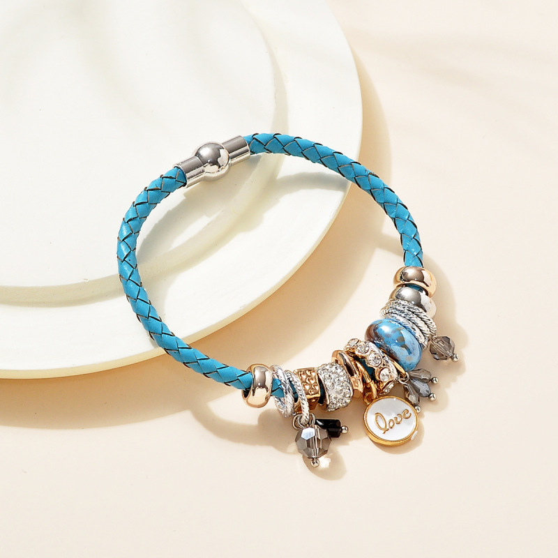 Cross-Border blue leather cross-winding hand-set diamond geometric pendant fashion simple personality ladies Bracelet