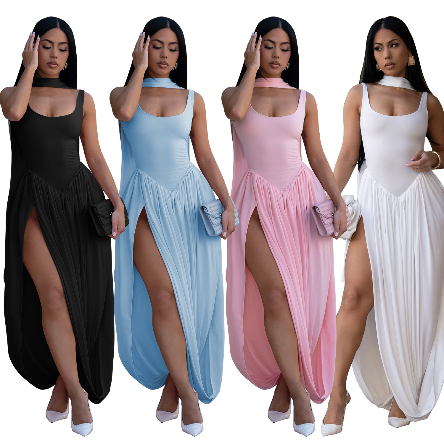 C7659 Aliexpress transfronterizo Amazon Europa y América de moda femenina sexy color sólido vestido de banda bifurcada