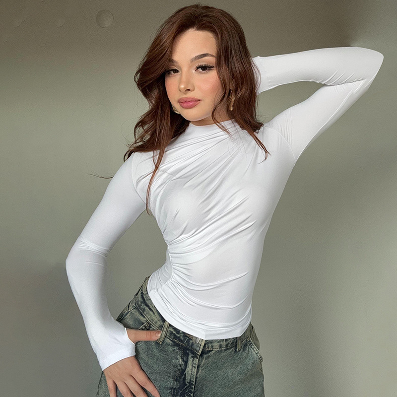 Transfronterizos Europa y América ropa de mujer otoño nuevo color sólido delgado de manga larga top top top sexy camiseta apertada plegable